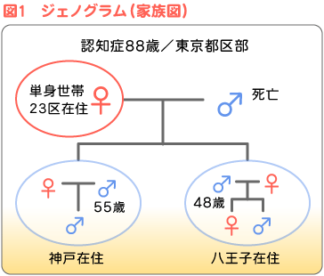 図1ジェノグラム（家族図）　認知症88歳東京都　単身世帯23区在住　女　男　死亡　長男55歳神戸在住　次男48歳八王子在住