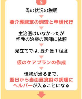 5母の状況の説明→要介護認定の調査と申請代行→主治医はいなかったが怪我の治療の医師に依頼→見立てでは、要介護１程度→仮のケアプランの作成→怪我が治るまで、翌日から当面昼食時の調理にヘルパーが入ることになる