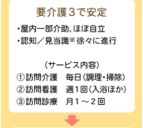 要介護３で安定・屋内一部介助、ほぼ自立・認知／見当識徐々に進行（サービス内容）①訪問介護　毎日（調理・掃除）②訪問看護　週１回（入浴ほか）③訪問診療　月１～２回